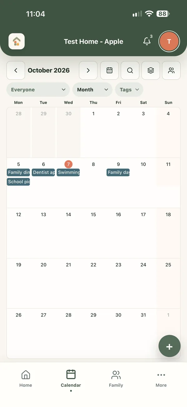 MyKhaya Calendar showing a month of shared family events