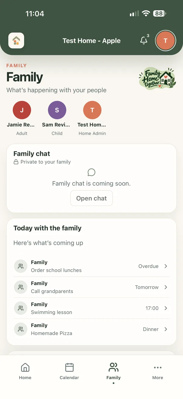 Family screen with household members, family chat and today's plans