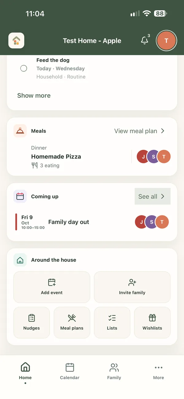 Home screen continued: tonight's meal, coming up and quick actions
