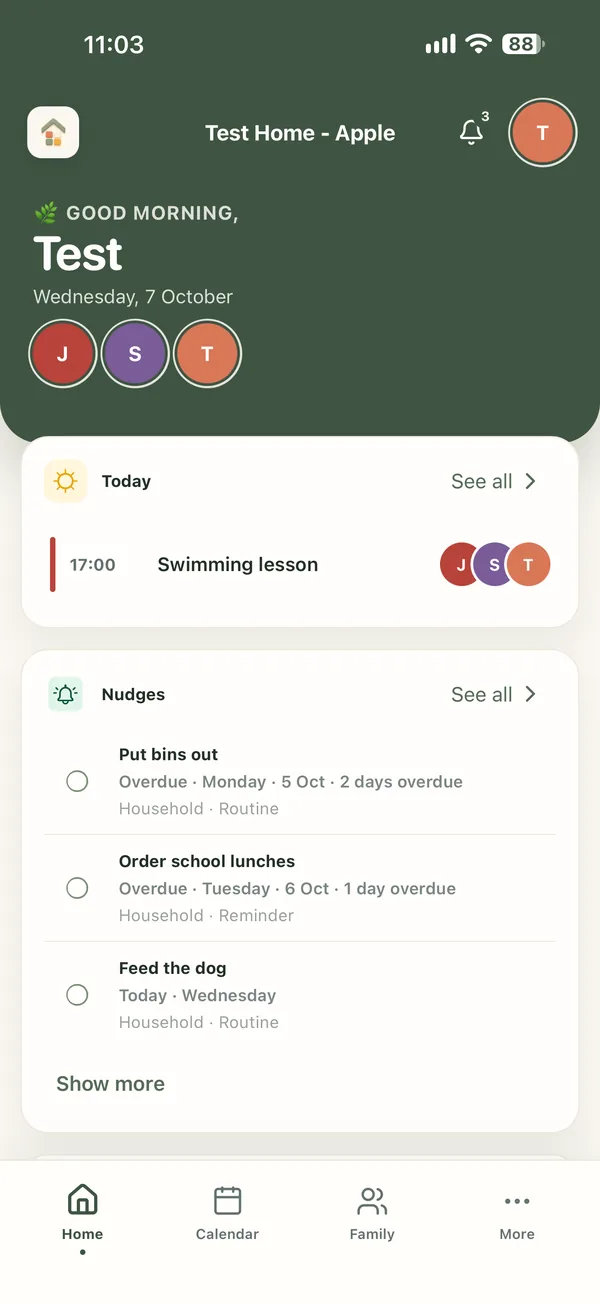 MyKhaya Home screen showing today's swimming lesson and household nudges