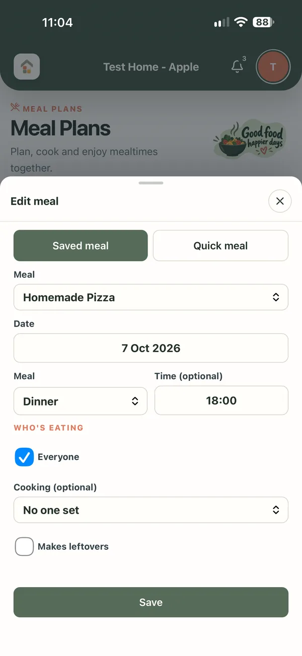 Editing a meal: choose a saved meal, time, who's eating and who's cooking
