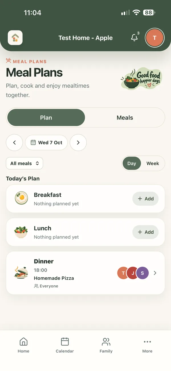 MyKhaya Meal Plans screen with today's breakfast, lunch and dinner
