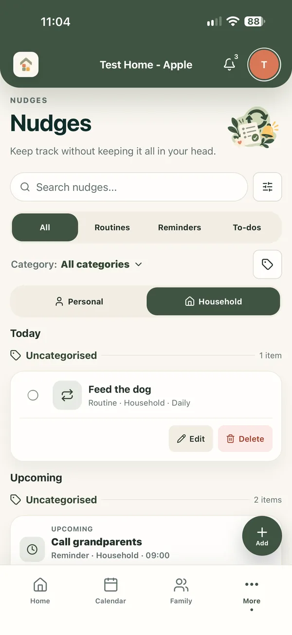 Nudges screen with routines, reminders and to-dos